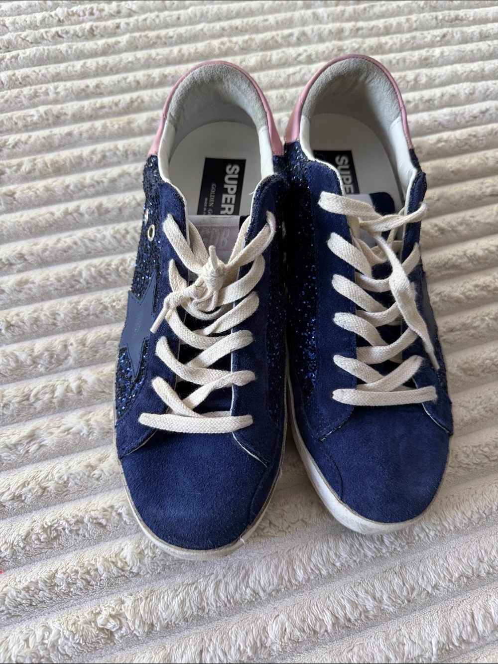 Golden Goose Navy Glitter Low-Top Sneakers with Pink Heel - Picture 2 of 4